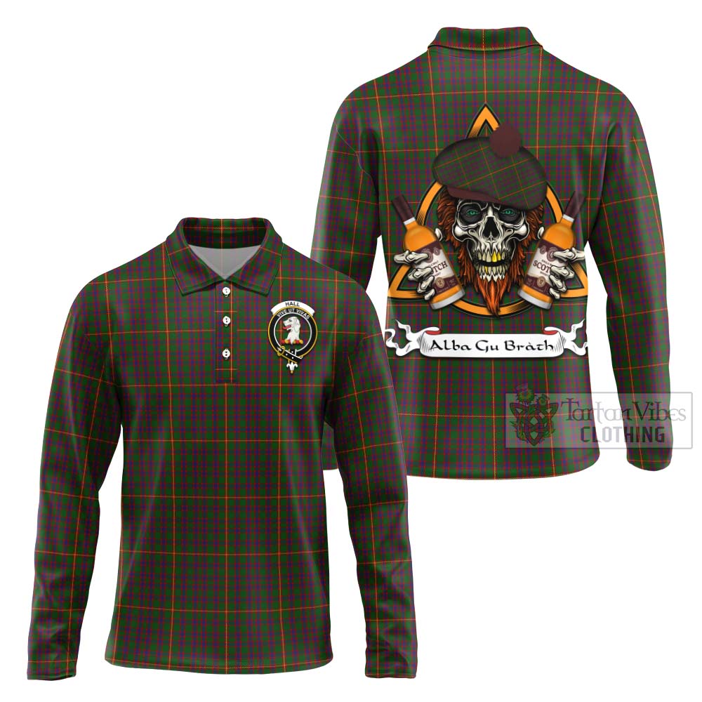 Tartan Vibes Clothing Hall Tartan Long Sleeve Polo Shirt with Family Crest and Bearded Skull Holding Bottles of Whiskey