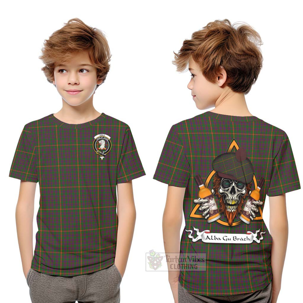 Tartan Vibes Clothing Hall Tartan Kid T-Shirt with Family Crest and Bearded Skull Holding Bottles of Whiskey