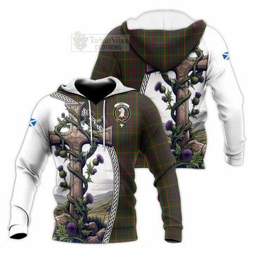 Hall Tartan Knitted Hoodie with Family Crest and St. Andrew's Cross Accented by Thistle Vines