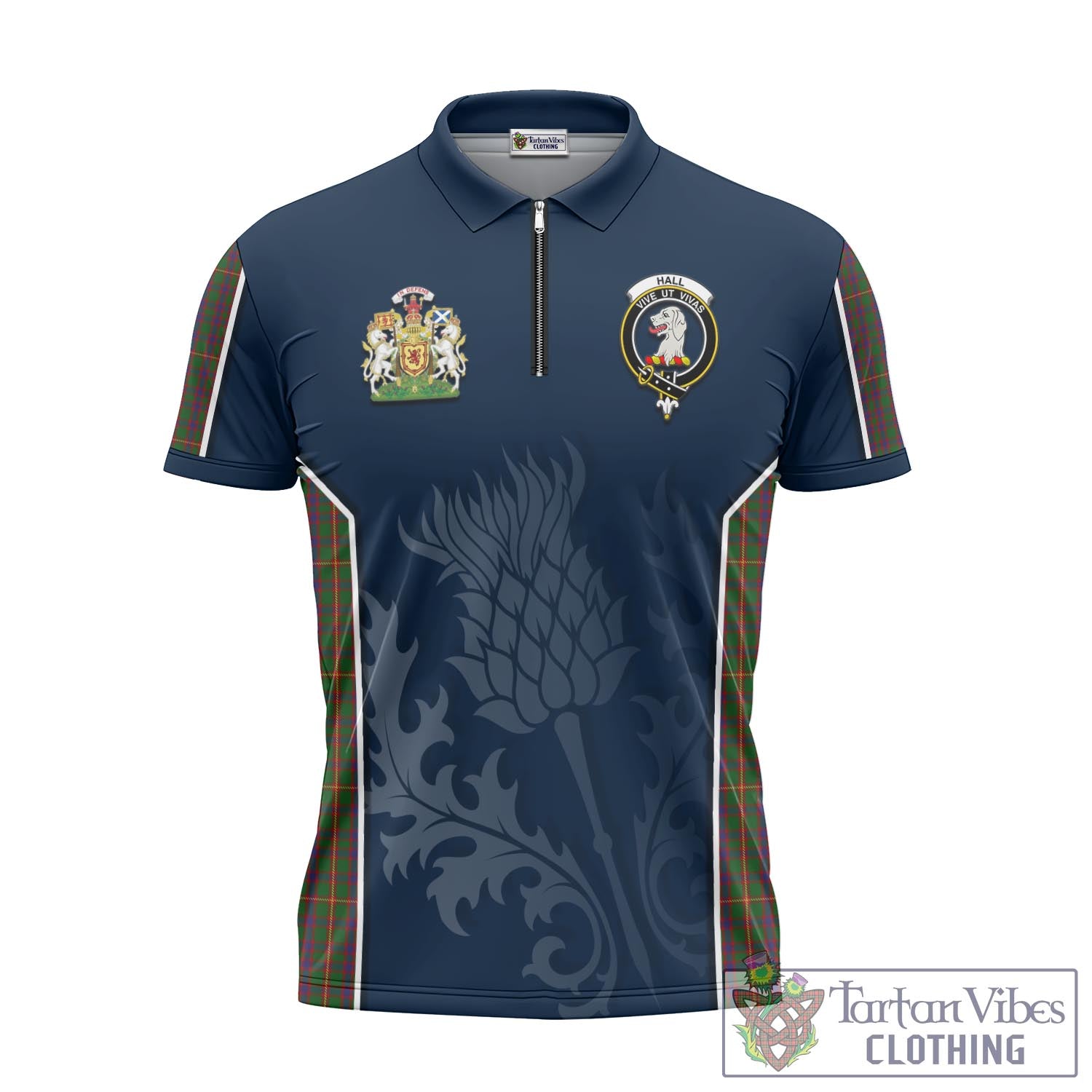 Tartan Vibes Clothing Hall Tartan Zipper Polo Shirt with Family Crest and Scottish Thistle Vibes Sport Style