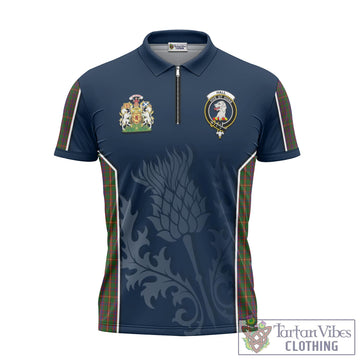 Hall Tartan Zipper Polo Shirt with Family Crest and Scottish Thistle Vibes Sport Style