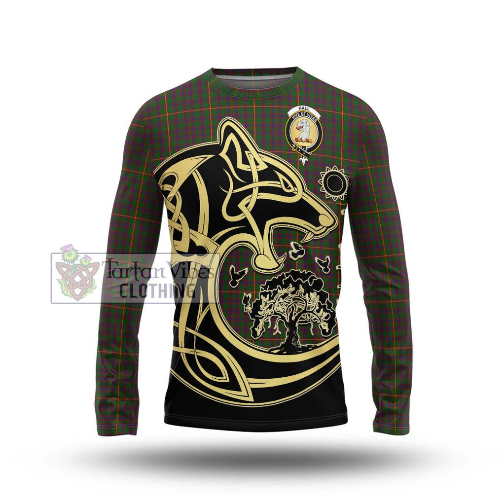 Hall Tartan Long Sleeve T-Shirt with Family Crest Celtic Wolf Style Unisex - Tartan Vibes Clothing