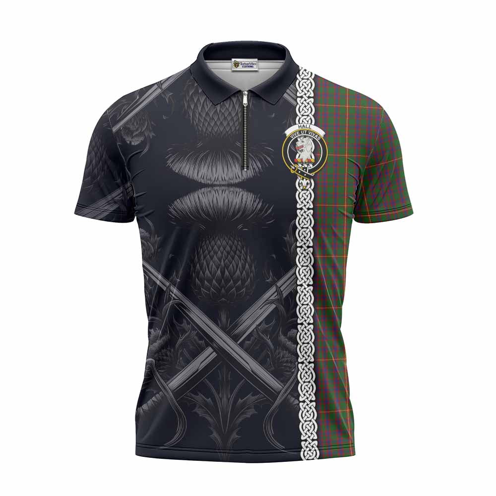 Tartan Vibes Clothing Hall Tartan Zipper Polo Shirt with Family Crest Cross Sword Thistle Celtic Vibes