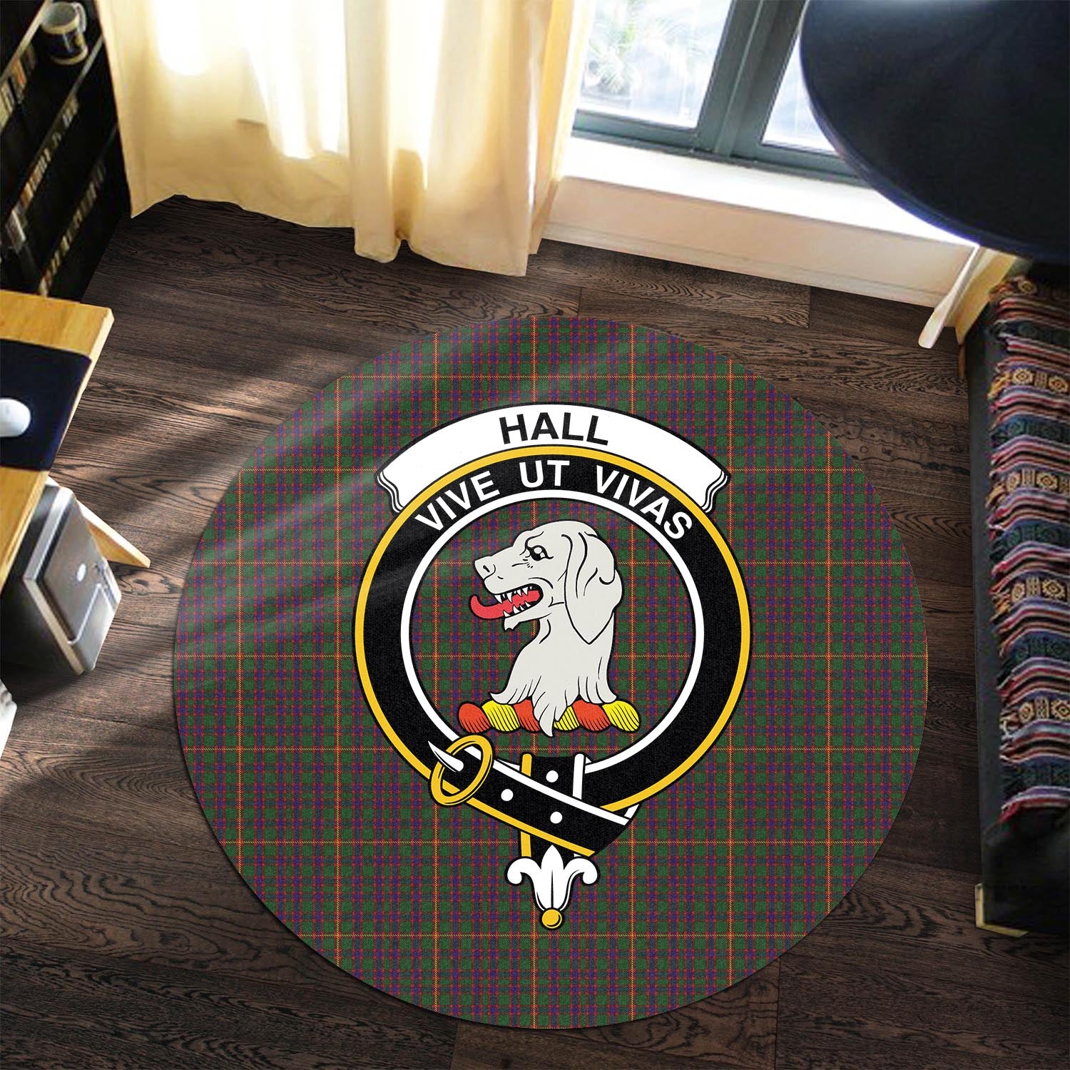 hall-tartan-round-rug-with-family-crest