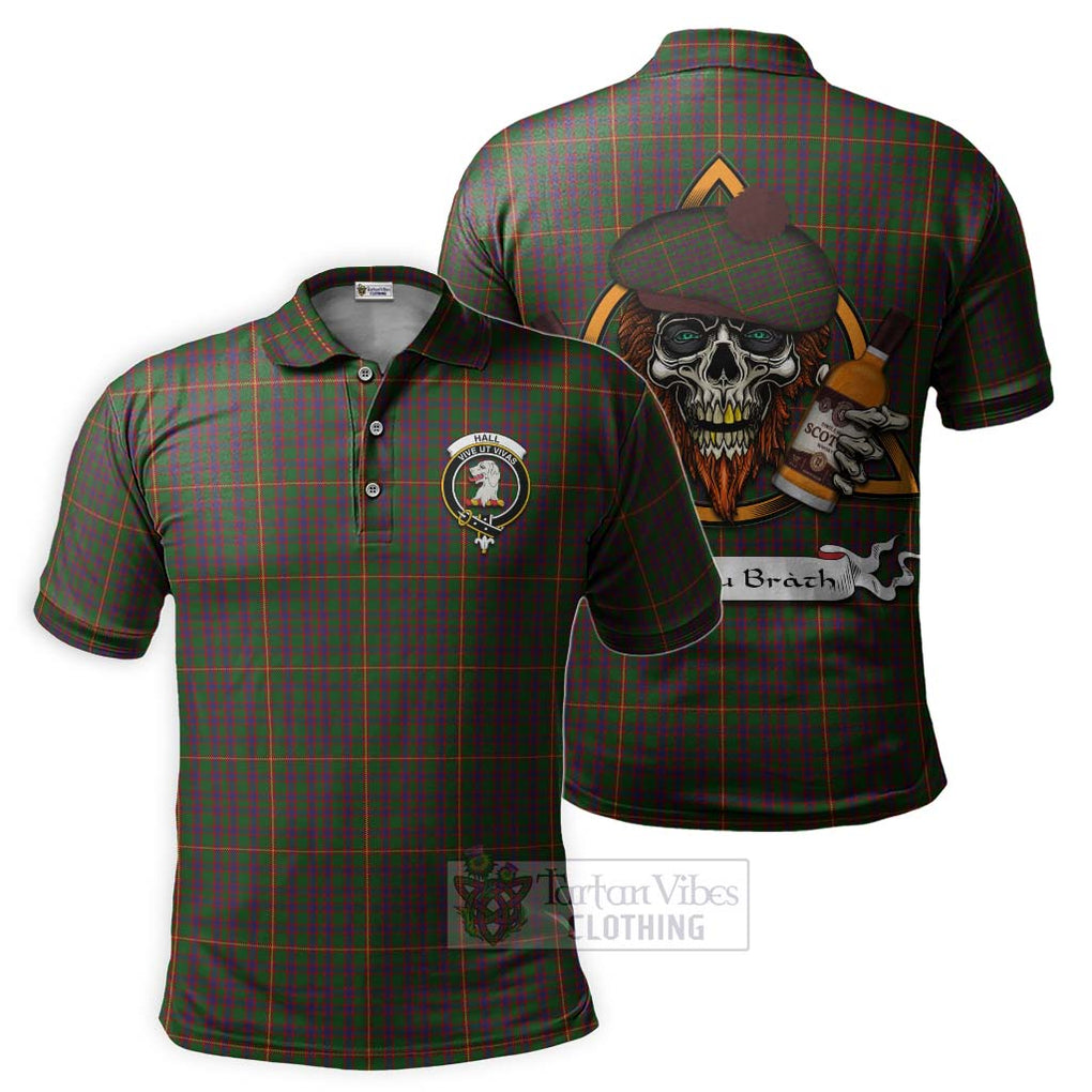 Tartan Vibes Clothing Hall Tartan Polo Shirt with Family Crest and Bearded Skull Holding Bottles of Whiskey