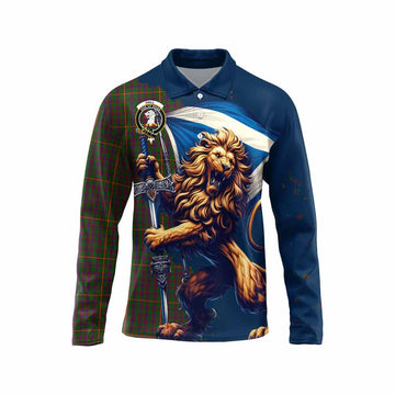 Hall Tartan Family Crest Long Sleeve Polo Shirt with Scottish Majestic Lion