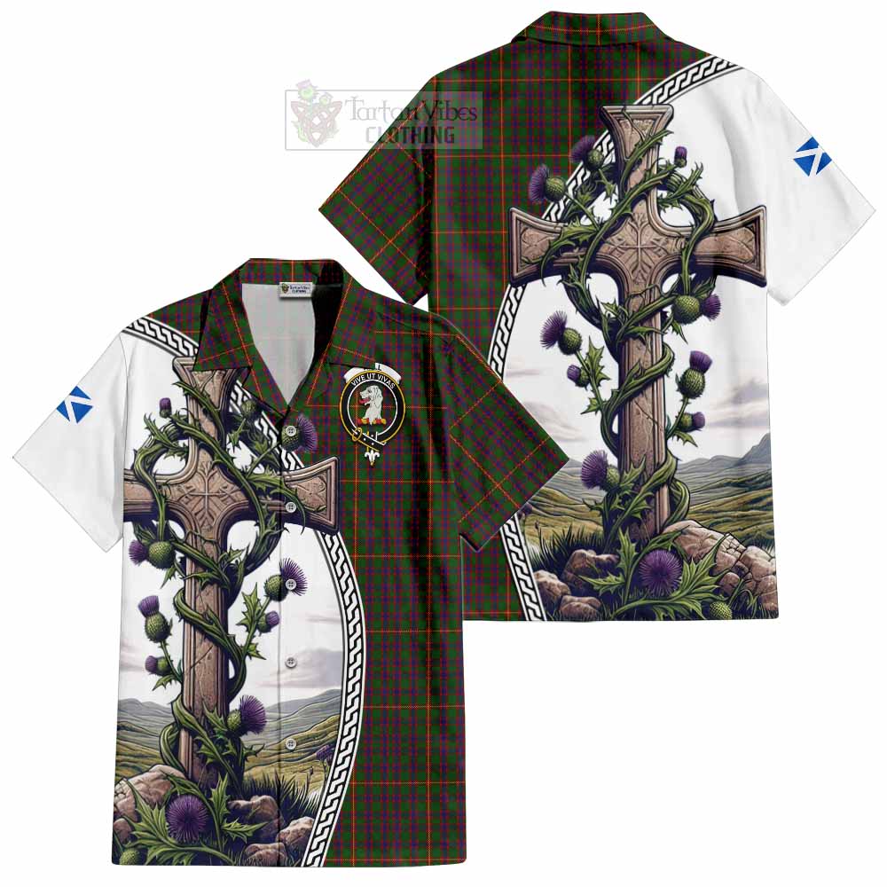 Tartan Vibes Clothing Hall Tartan Short Sleeve Button Shirt with Family Crest and St. Andrew's Cross Accented by Thistle Vines