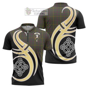 Hall Tartan Zipper Polo Shirt with Family Crest and Celtic Symbol Style