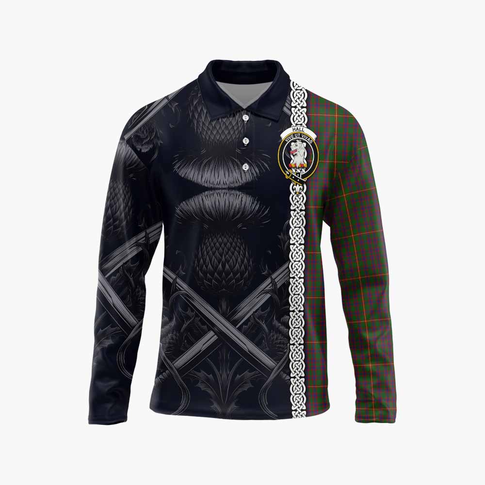 Hall Tartan Long Sleeve Polo Shirt with Family Crest Cross Sword Thistle Celtic Vibes Unisex - Tartan Vibes Clothing