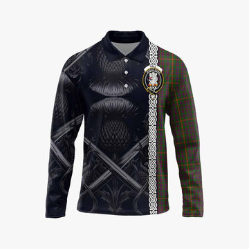 Hall Tartan Long Sleeve Polo Shirt with Family Crest Cross Sword Thistle Celtic Vibes