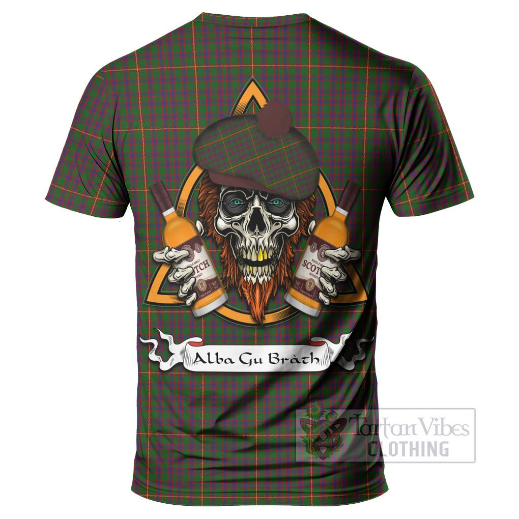 Tartan Vibes Clothing Hall Tartan T-Shirt with Family Crest and Bearded Skull Holding Bottles of Whiskey