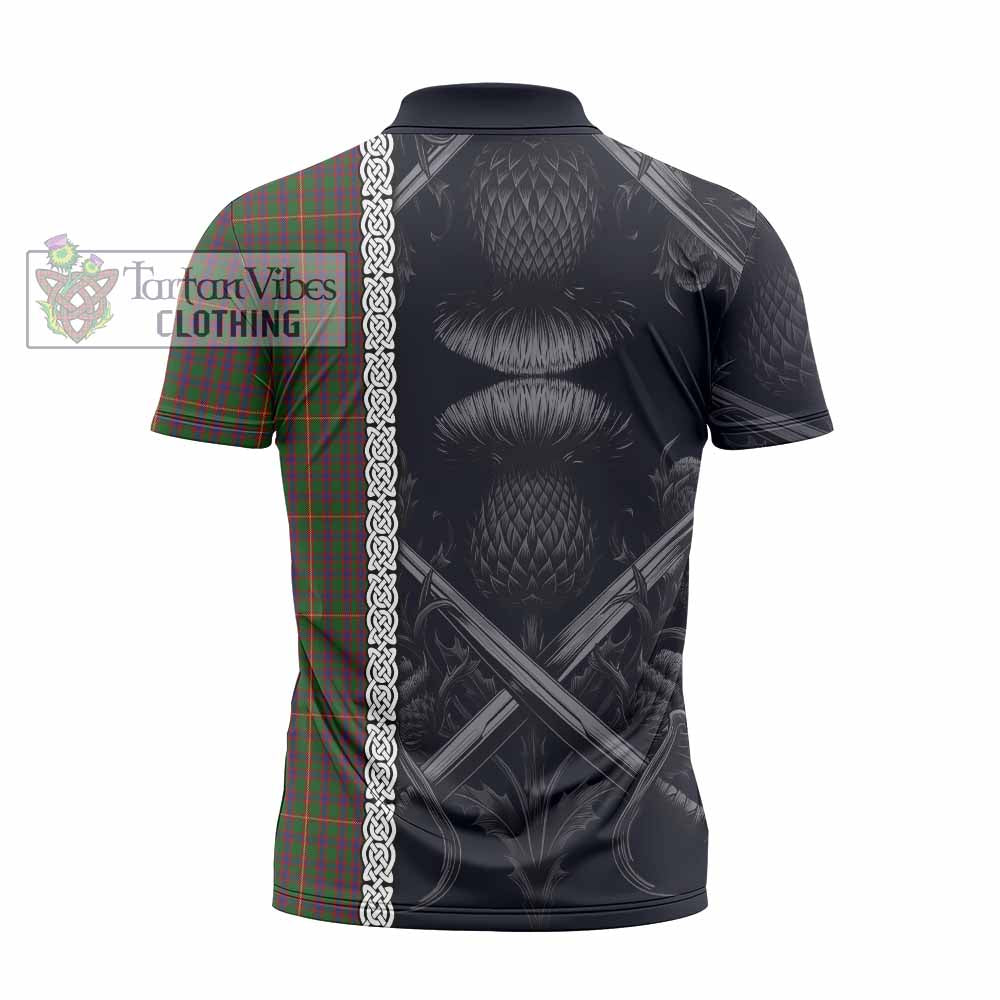 Tartan Vibes Clothing Hall Tartan Zipper Polo Shirt with Family Crest Cross Sword Thistle Celtic Vibes