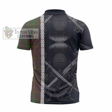 Hall Tartan Zipper Polo Shirt with Family Crest Cross Sword Thistle Celtic Vibes