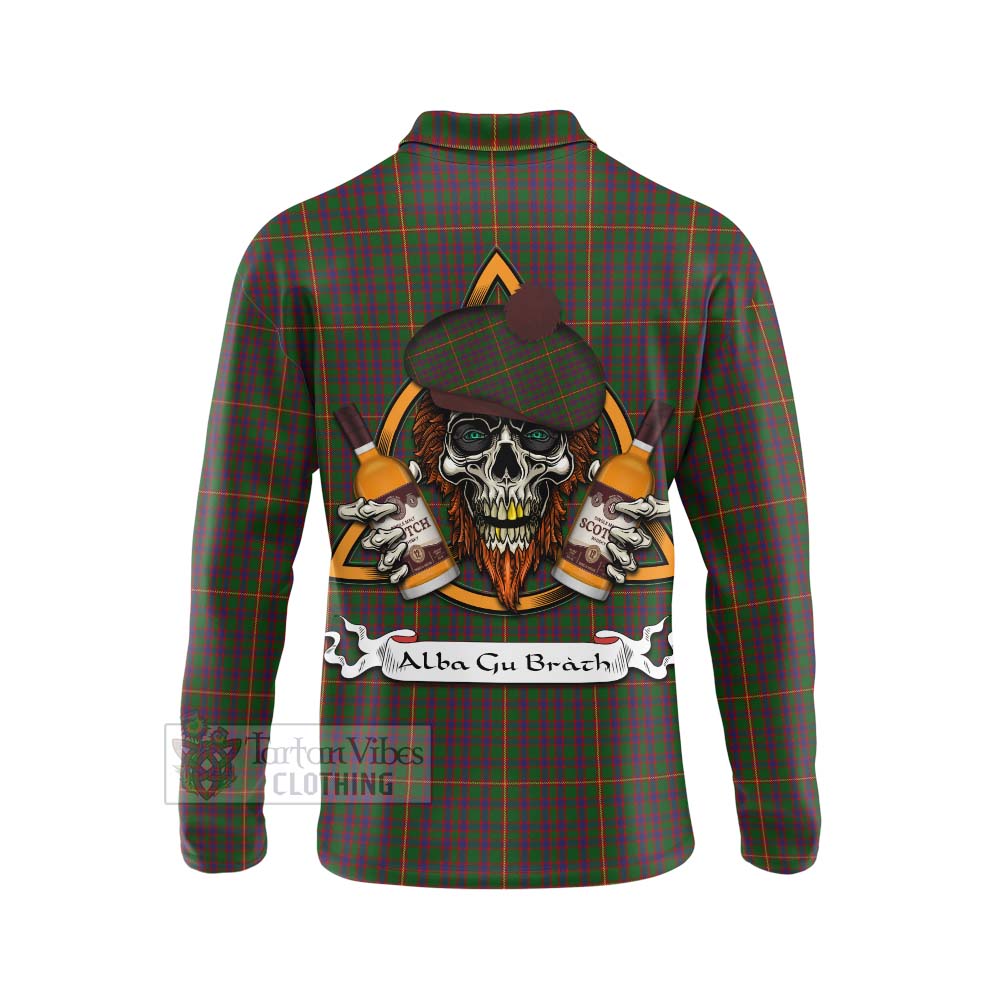 Tartan Vibes Clothing Hall Tartan Long Sleeve Polo Shirt with Family Crest and Bearded Skull Holding Bottles of Whiskey