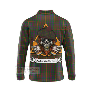 Hall Tartan Long Sleeve Polo Shirt with Family Crest and Bearded Skull Holding Bottles of Whiskey