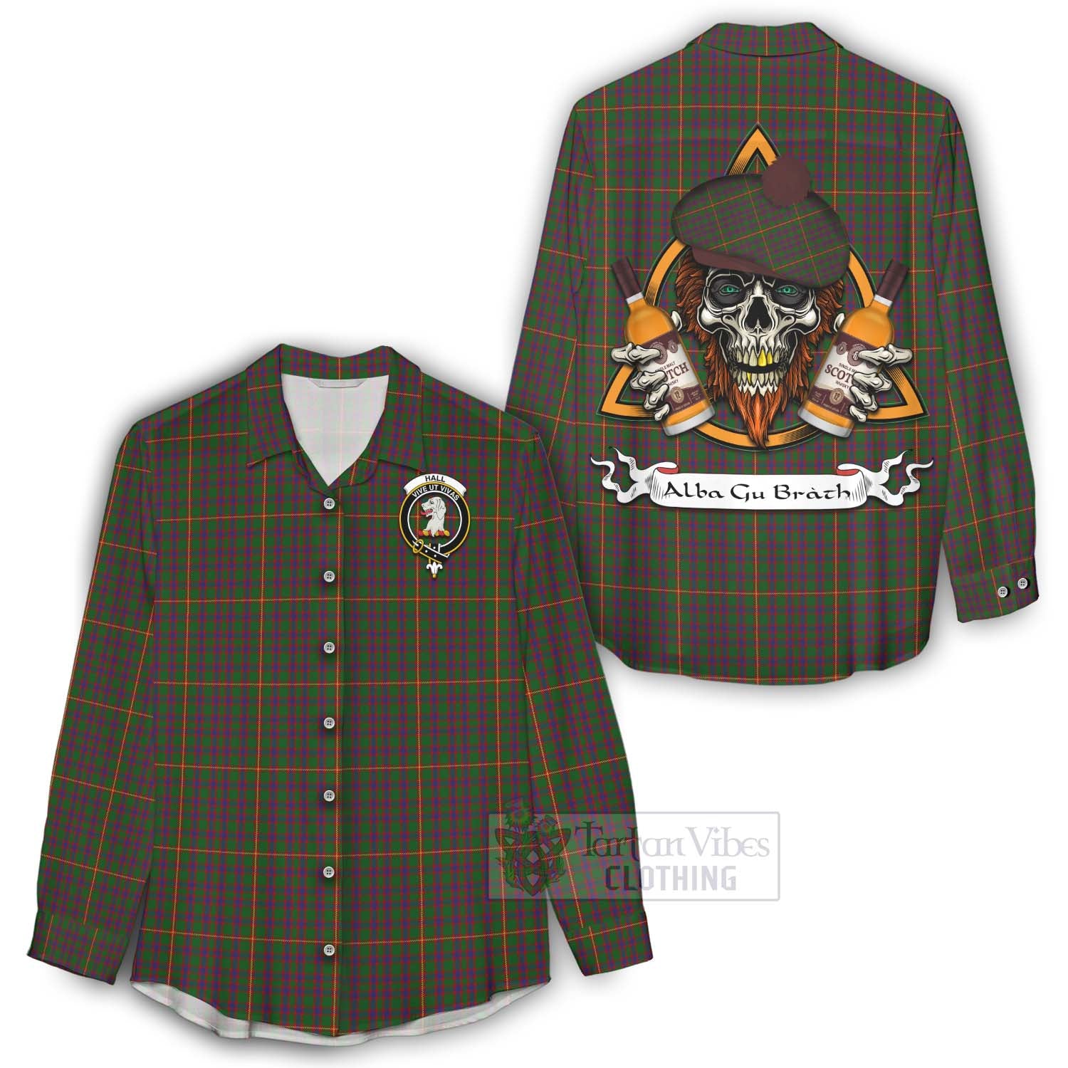 Tartan Vibes Clothing Hall Tartan Women's Casual Shirt with Family Crest and Bearded Skull Holding Bottles of Whiskey