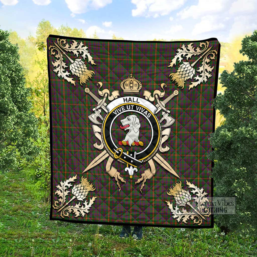 Tartan Vibes Clothing Hall Tartan Quilt with Family Crest and Scottish Golden Courage Shield