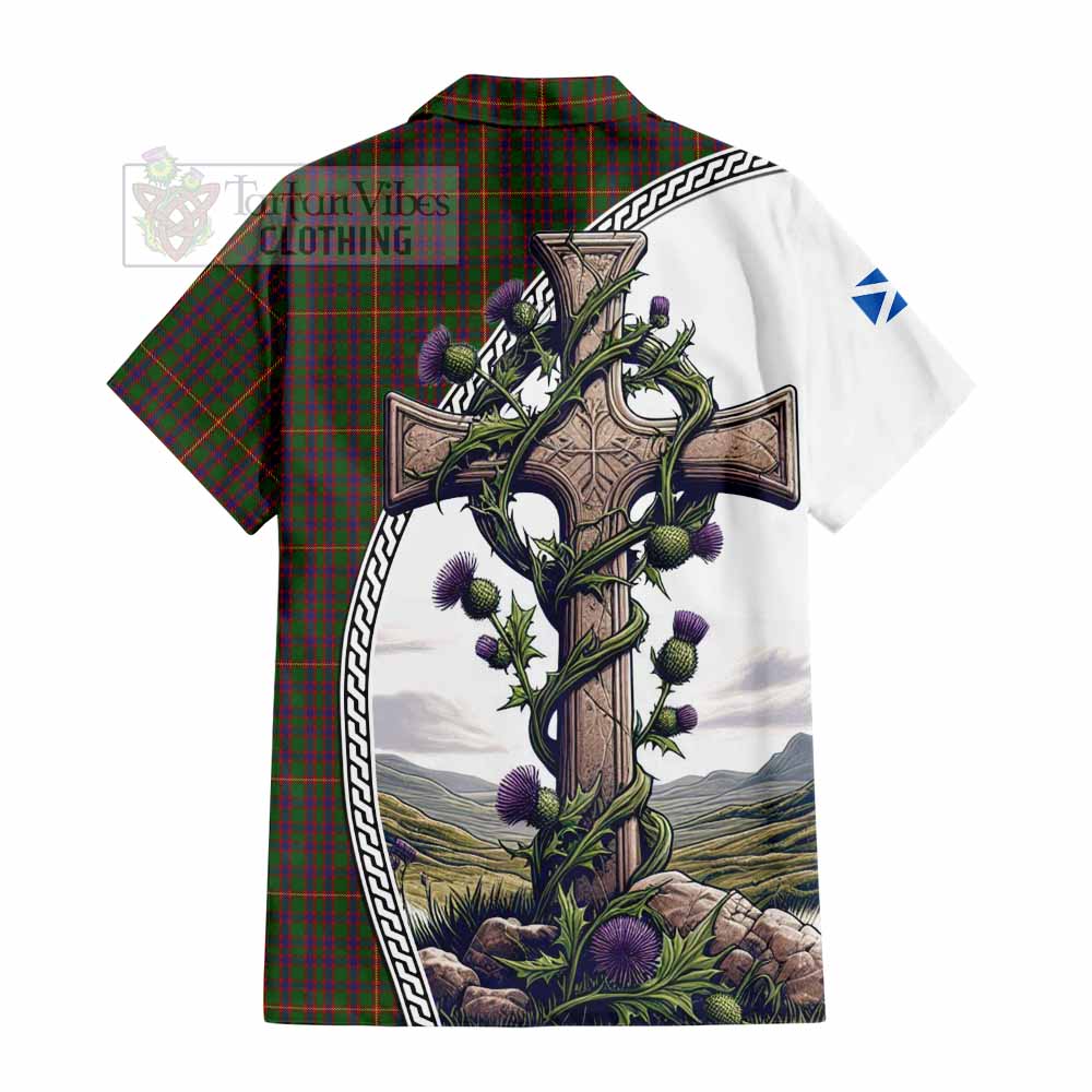 Tartan Vibes Clothing Hall Tartan Short Sleeve Button Shirt with Family Crest and St. Andrew's Cross Accented by Thistle Vines