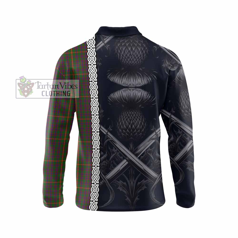 Hall Tartan Long Sleeve Polo Shirt with Family Crest Cross Sword Thistle Celtic Vibes - Tartan Vibes Clothing