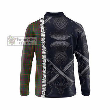 Hall Tartan Long Sleeve Polo Shirt with Family Crest Cross Sword Thistle Celtic Vibes