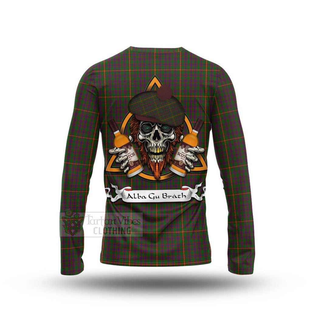 Tartan Vibes Clothing Hall Tartan Long Sleeve T-Shirt with Family Crest and Bearded Skull Holding Bottles of Whiskey