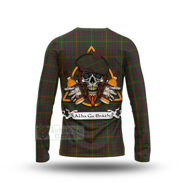 Hall Tartan Long Sleeve T-Shirt with Family Crest and Bearded Skull Holding Bottles of Whiskey