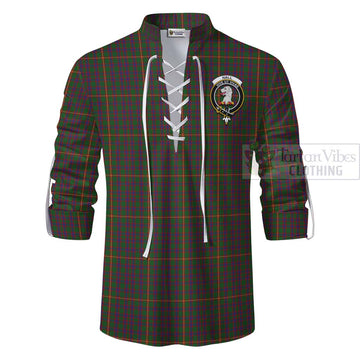 Hall Tartan Ghillie Kilt Shirt with Family Crest and Bearded Skull Holding Bottles of Whiskey