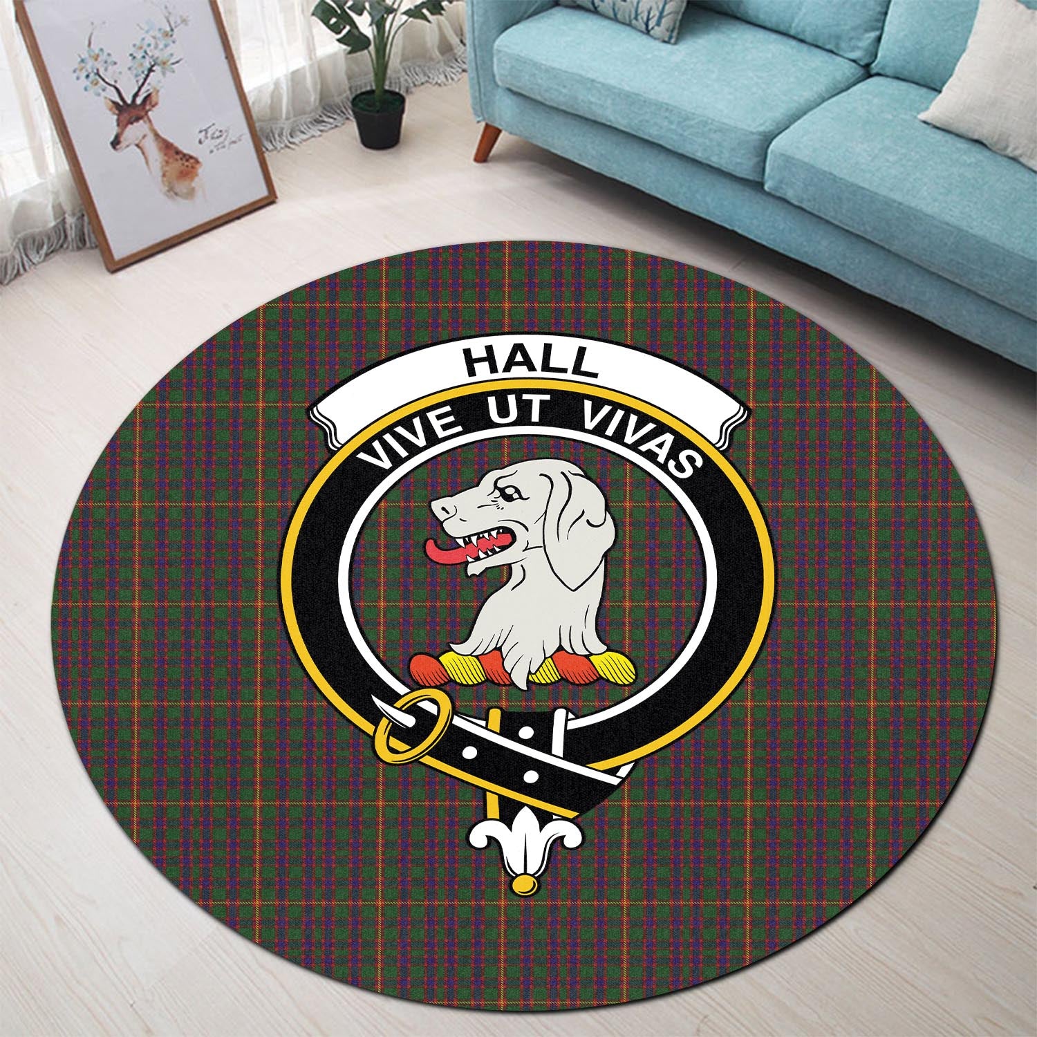 hall-tartan-round-rug-with-family-crest