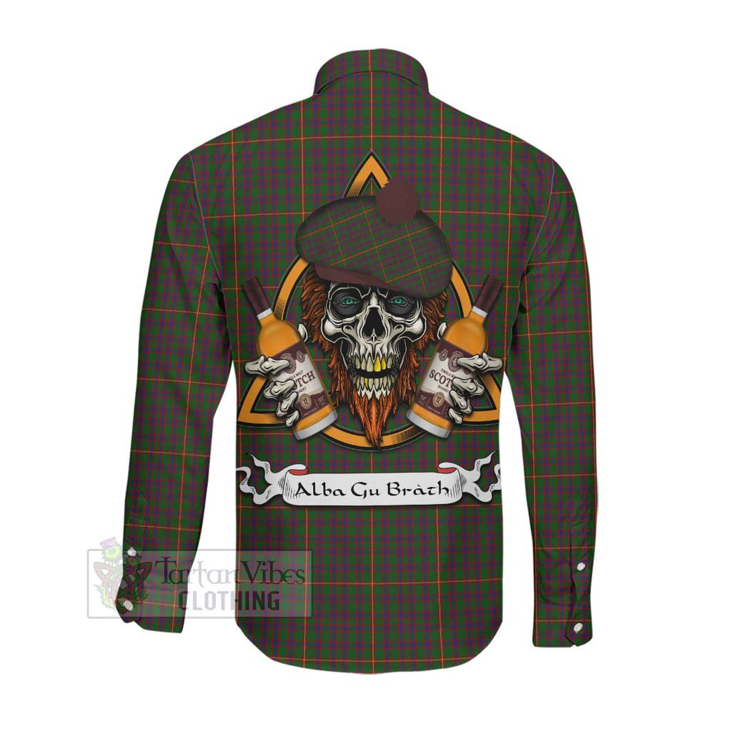 Tartan Vibes Clothing Hall Tartan Long Sleeve Button Shirt with Family Crest and Bearded Skull Holding Bottles of Whiskey