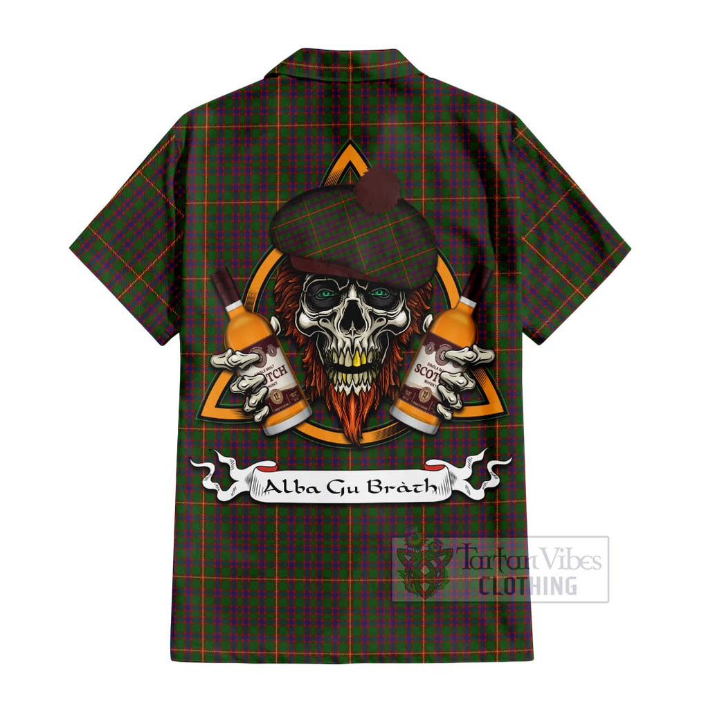 Tartan Vibes Clothing Hall Tartan Short Sleeve Button Shirt with Family Crest and Bearded Skull Holding Bottles of Whiskey