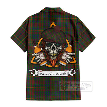 Hall Tartan Short Sleeve Button Shirt with Family Crest and Bearded Skull Holding Bottles of Whiskey