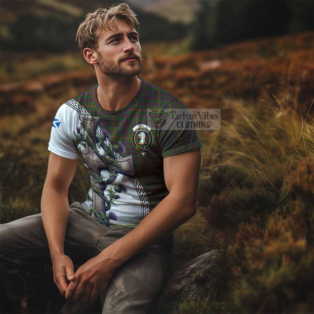 Tartan Vibes Clothing Hall Agnew Tartan T-Shirt with Family Crest and St. Andrew's Cross Accented by Thistle Vines