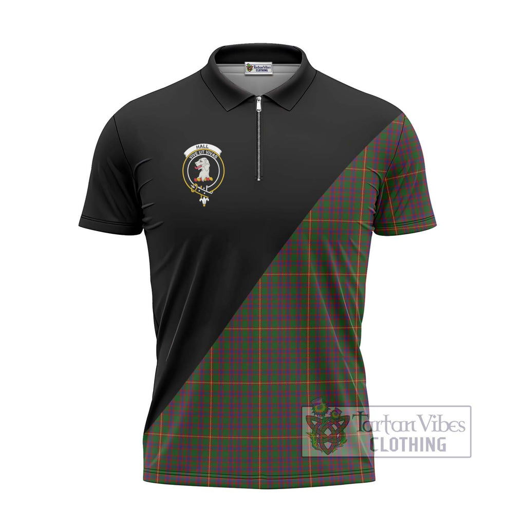 Hall Tartan Zipper Polo Shirt with Family Crest and Military Logo Style - Tartanvibesclothing Shop