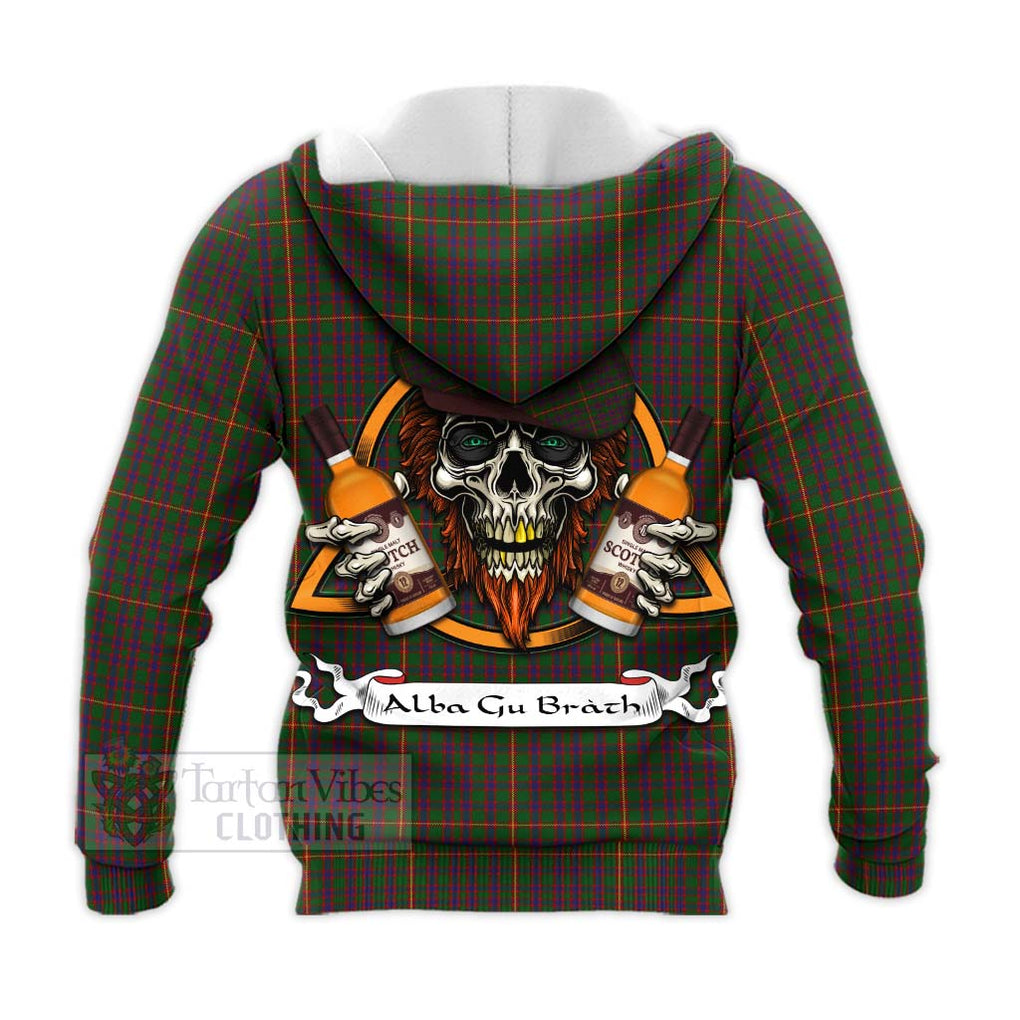 Tartan Vibes Clothing Hall Tartan Knitted Hoodie with Family Crest and Bearded Skull Holding Bottles of Whiskey