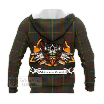 Hall Tartan Knitted Hoodie with Family Crest and Bearded Skull Holding Bottles of Whiskey