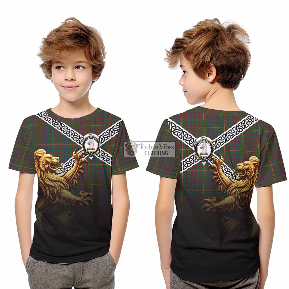 Hall Crest Tartan Kid T-Shirt with Golden Lion Emblem Celtic Style - Tartan Vibes Clothing