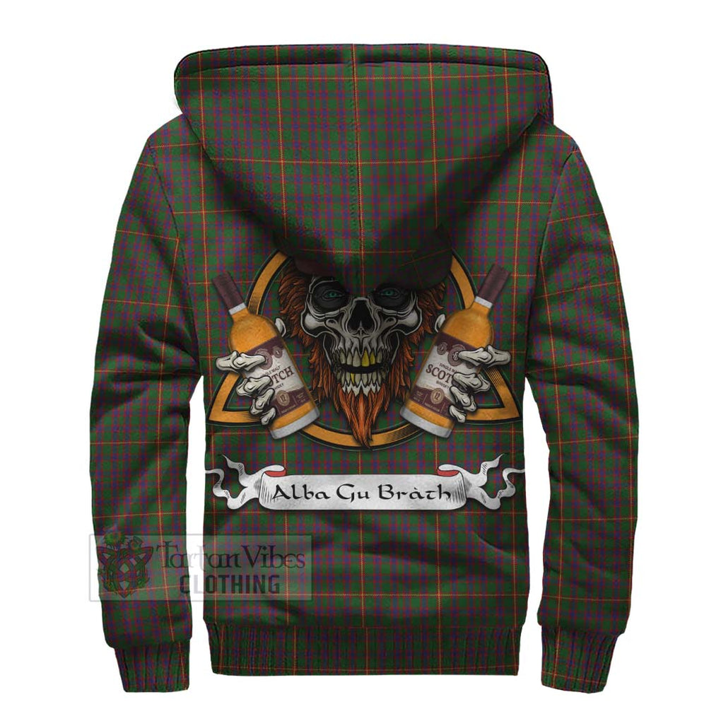 Tartan Vibes Clothing Hall Tartan Sherpa Hoodie with Family Crest and Bearded Skull Holding Bottles of Whiskey