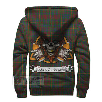 Hall Tartan Sherpa Hoodie with Family Crest and Bearded Skull Holding Bottles of Whiskey