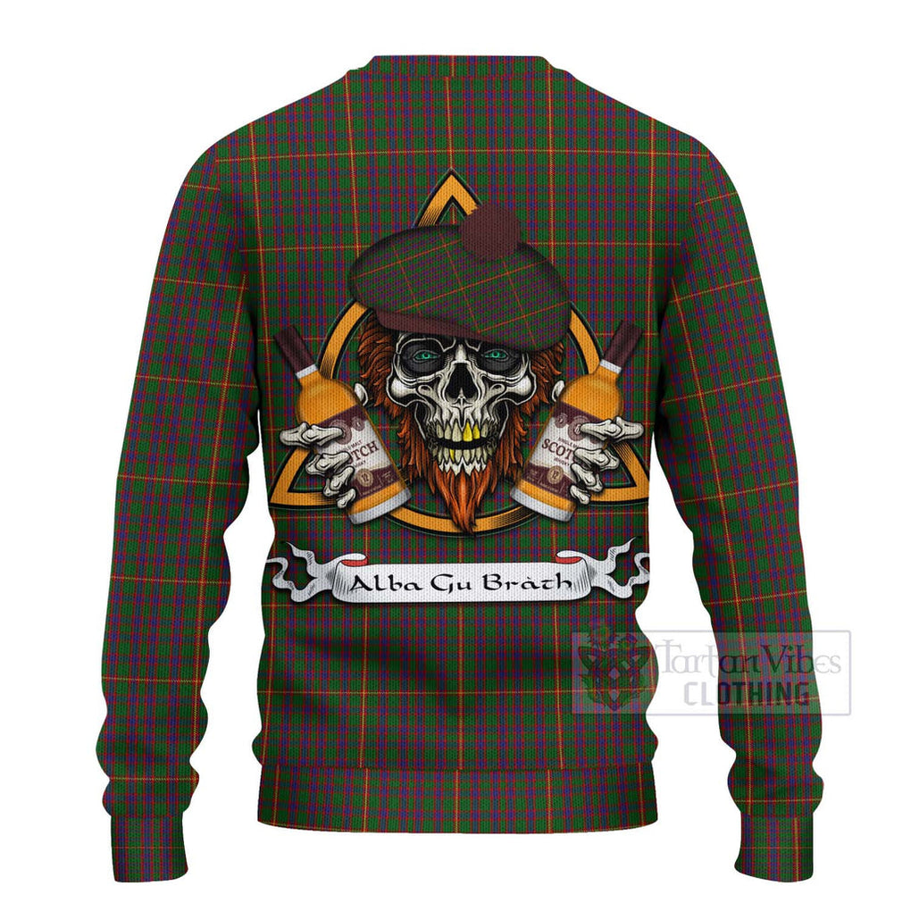 Tartan Vibes Clothing Hall Tartan Knitted Sweater with Family Crest and Bearded Skull Holding Bottles of Whiskey