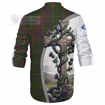 Hall Tartan Ghillie Kilt Shirt with Family Crest and St. Andrew's Cross Accented by Thistle Vines