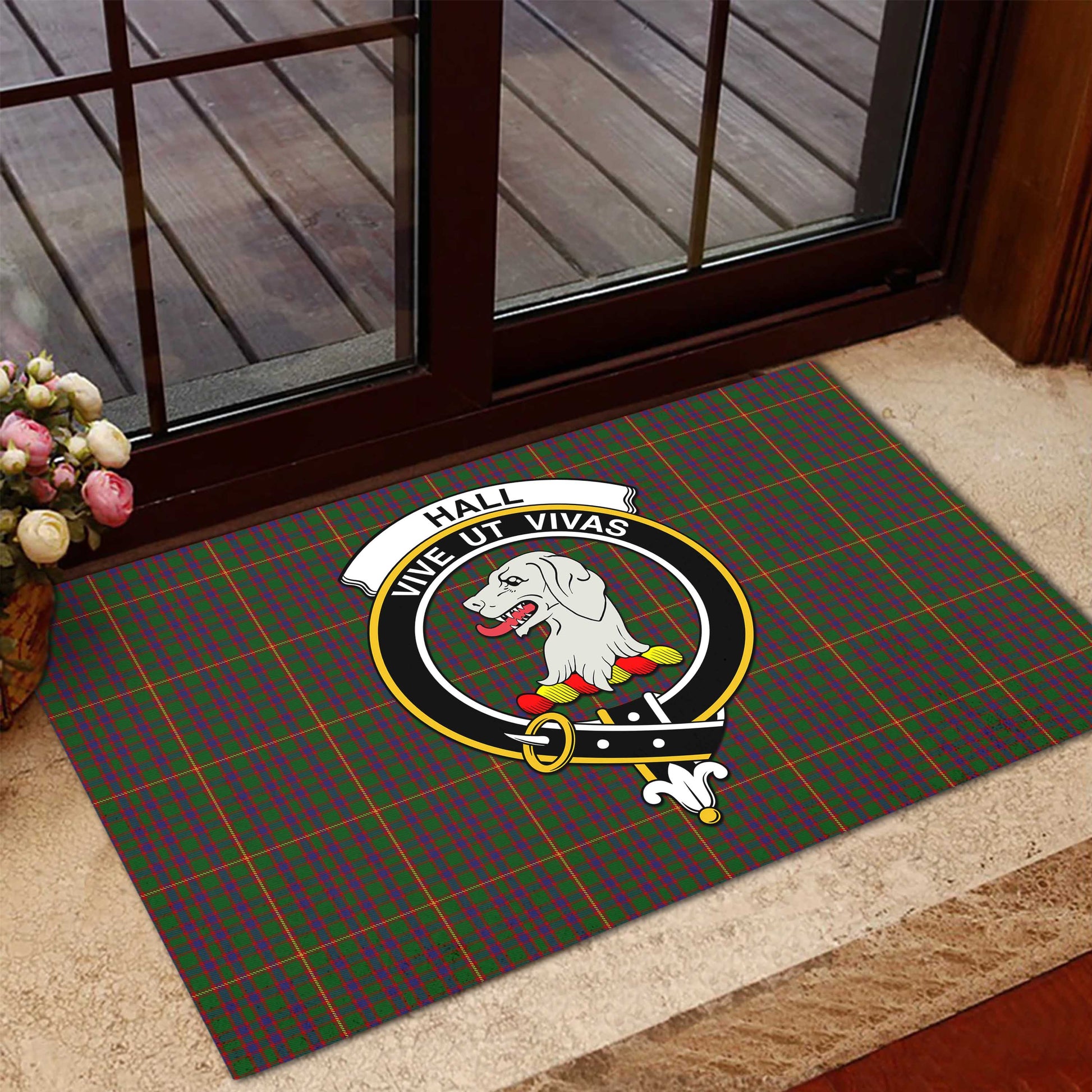 Hall Tartan Door Mat with Family Crest - Tartanvibesclothing