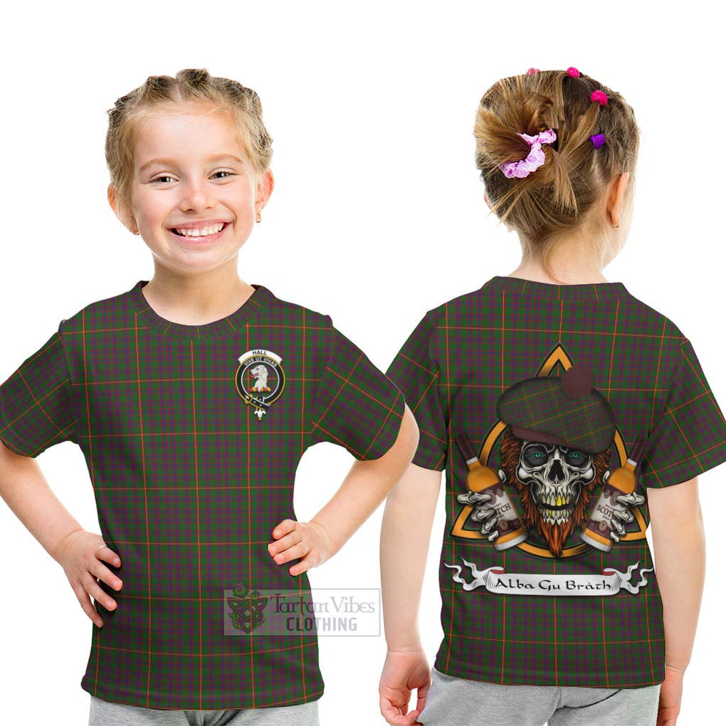 Tartan Vibes Clothing Hall Tartan Kid T-Shirt with Family Crest and Bearded Skull Holding Bottles of Whiskey