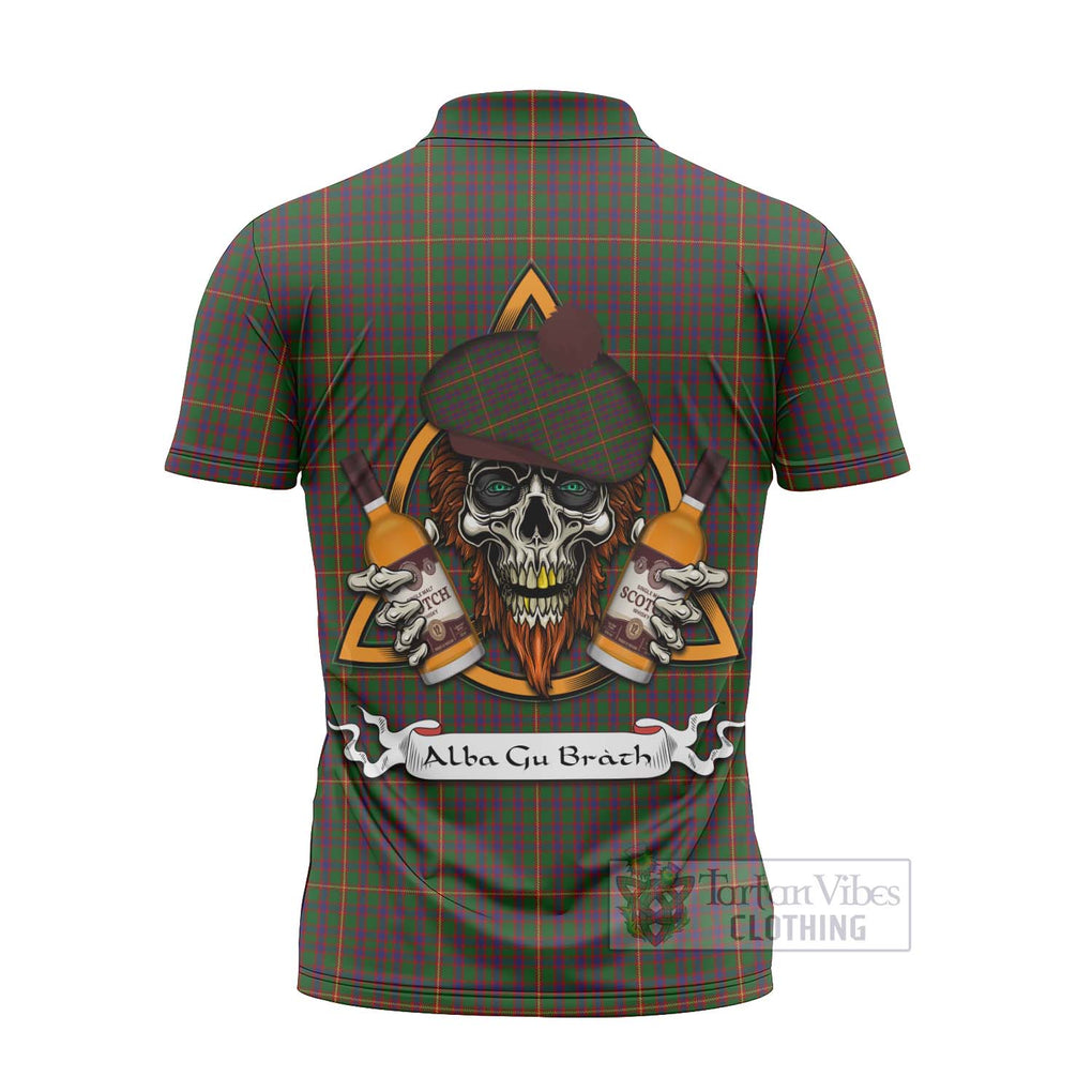 Tartan Vibes Clothing Hall Tartan Zipper Polo Shirt with Family Crest and Bearded Skull Holding Bottles of Whiskey