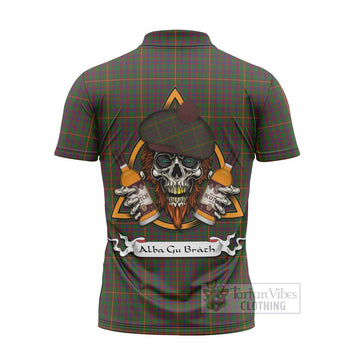 Hall Tartan Zipper Polo Shirt with Family Crest and Bearded Skull Holding Bottles of Whiskey