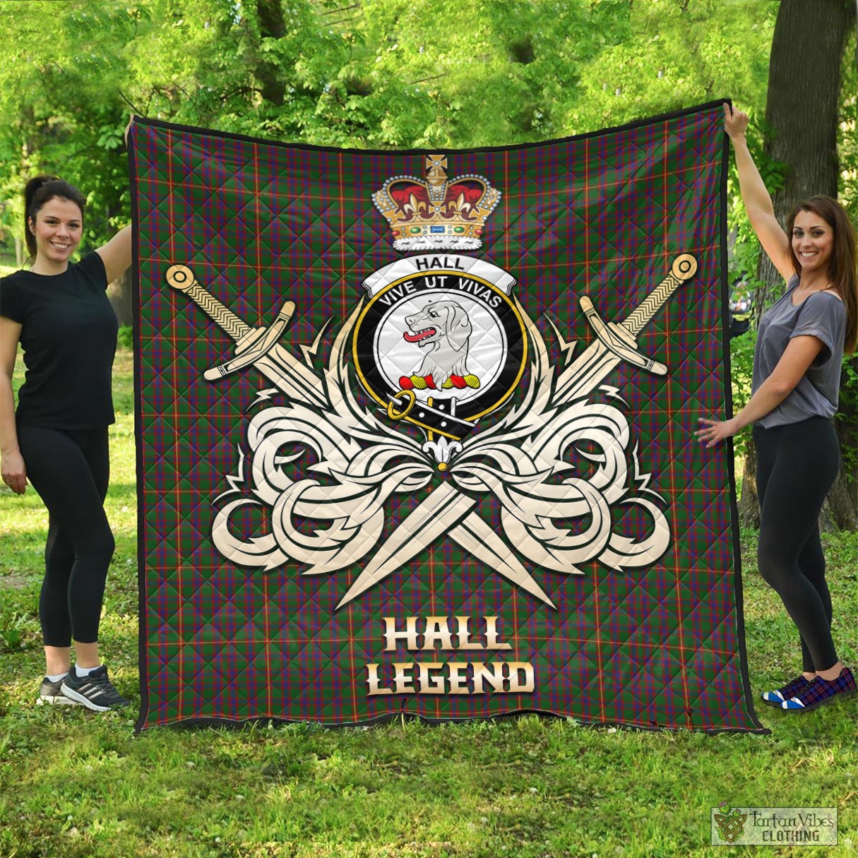 Tartan Vibes Clothing Hall Tartan Quilt with Clan Crest and the Golden Sword of Courageous Legacy