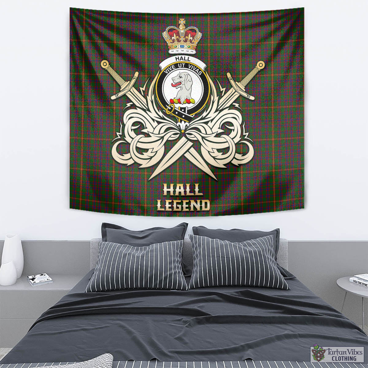 Tartan Vibes Clothing Hall Tartan Tapestry with Clan Crest and the Golden Sword of Courageous Legacy