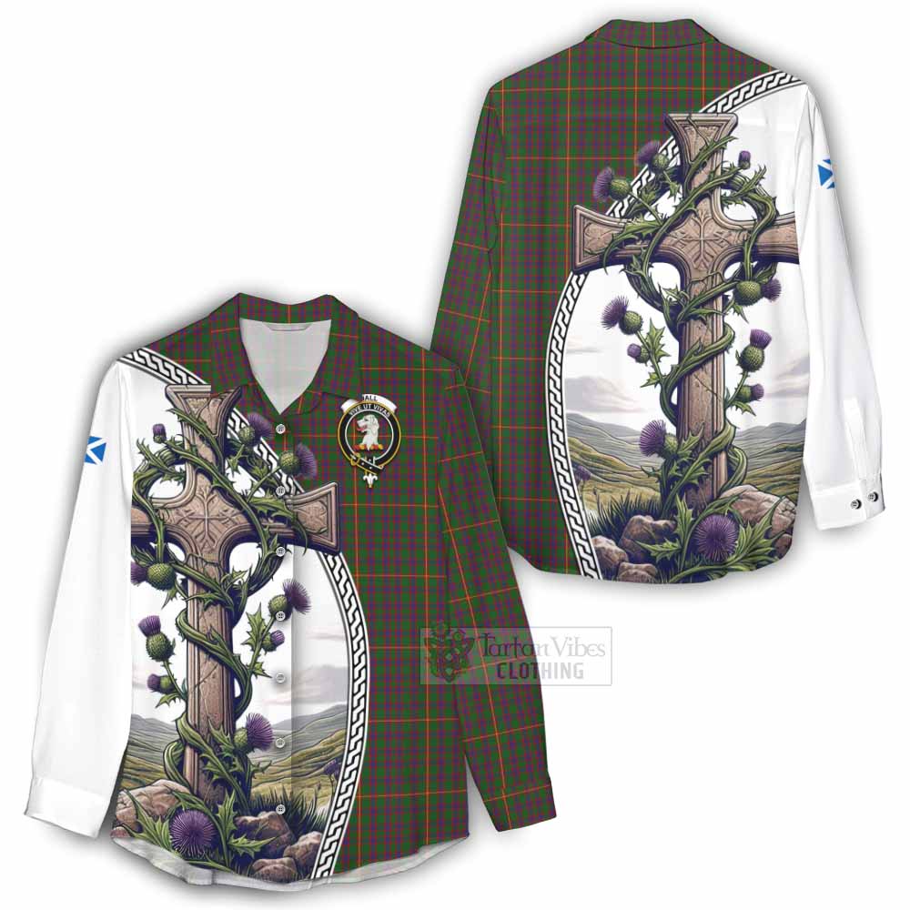 Tartan Vibes Clothing Hall Tartan Women's Casual Shirt with Family Crest and St. Andrew's Cross Accented by Thistle Vines