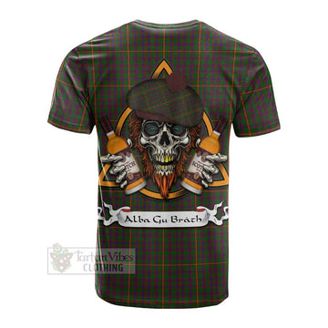 Hall Tartan Cotton T-shirt with Family Crest and Bearded Skull Holding Bottles of Whiskey