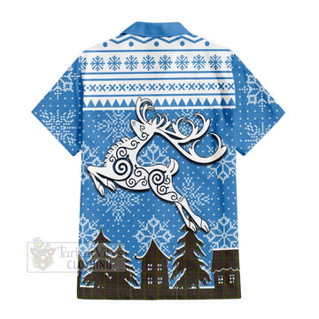 Hall Clan Christmas Short Sleeve Button Shirt Celtic Reindeer Style