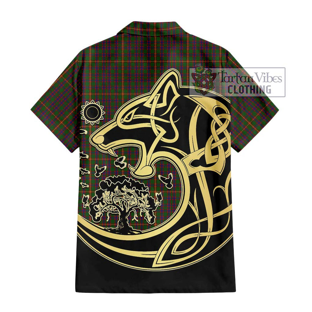 Hall Tartan Short Sleeve Button Shirt with Family Crest Celtic Wolf Style - Tartan Vibes Clothing